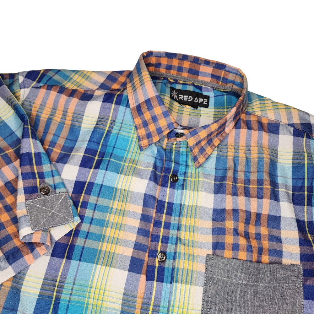 Red Ape Men's Size XL Colorful Short Sleeve Plaid Button Up Shirt Designer style